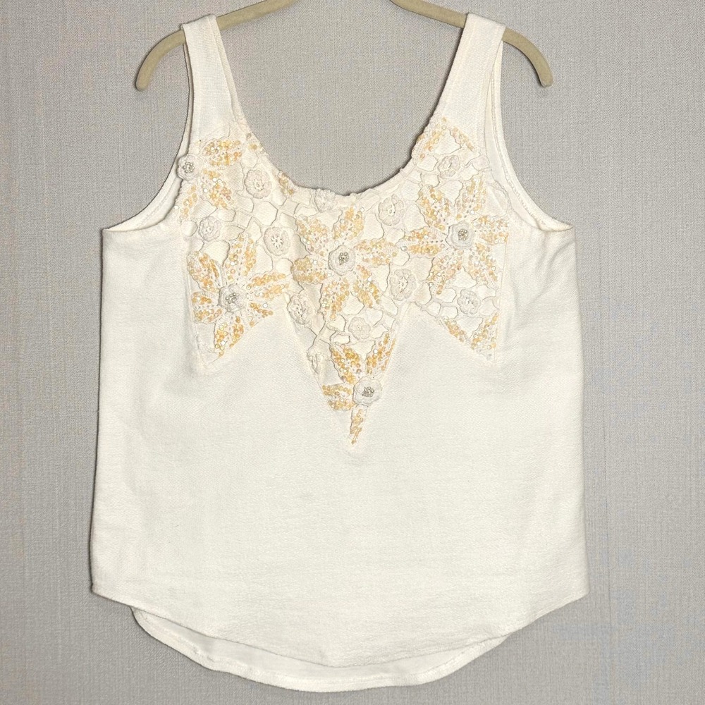 Vintage Cream Crochet Beaded Sequin Flowers Tank Top Medium Whimsy Fairycore